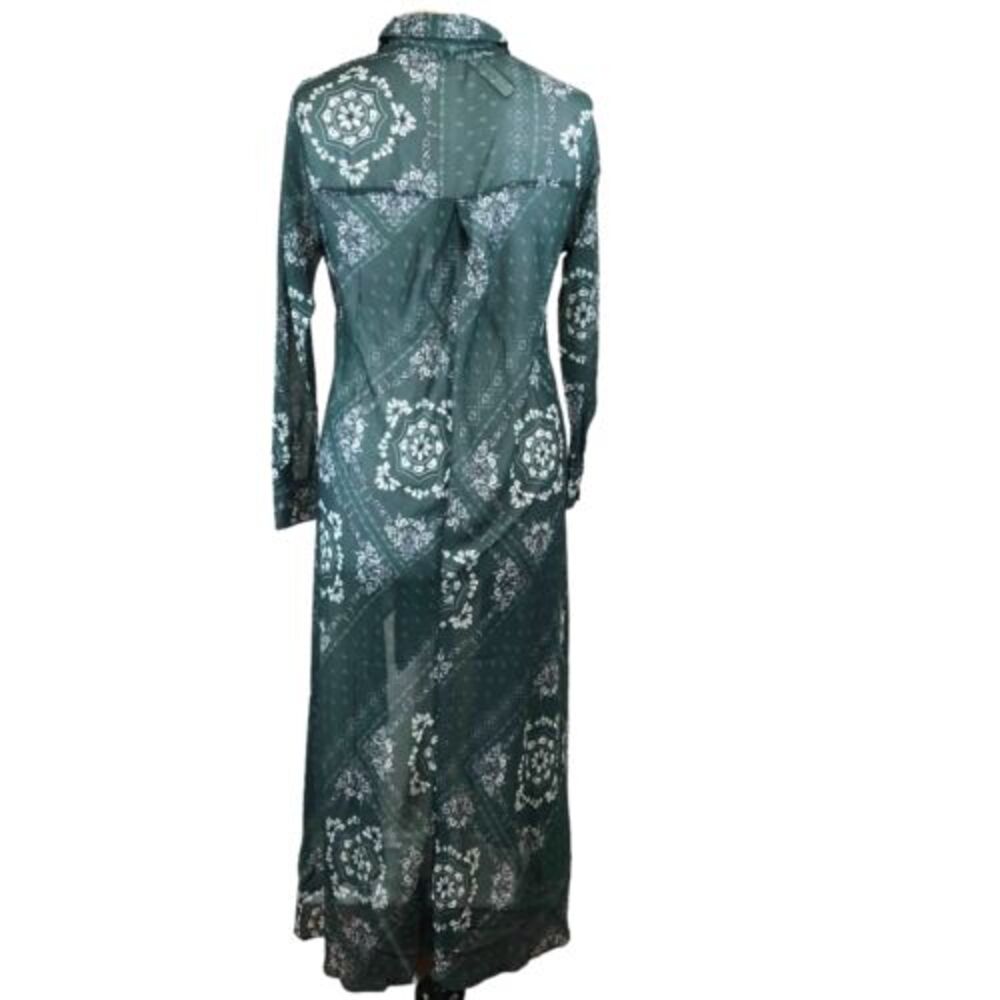 Soncy Women's SZ 12 Semi Sheer High‎ Low Duster Green White Bandana Print - Picture 2 of 8